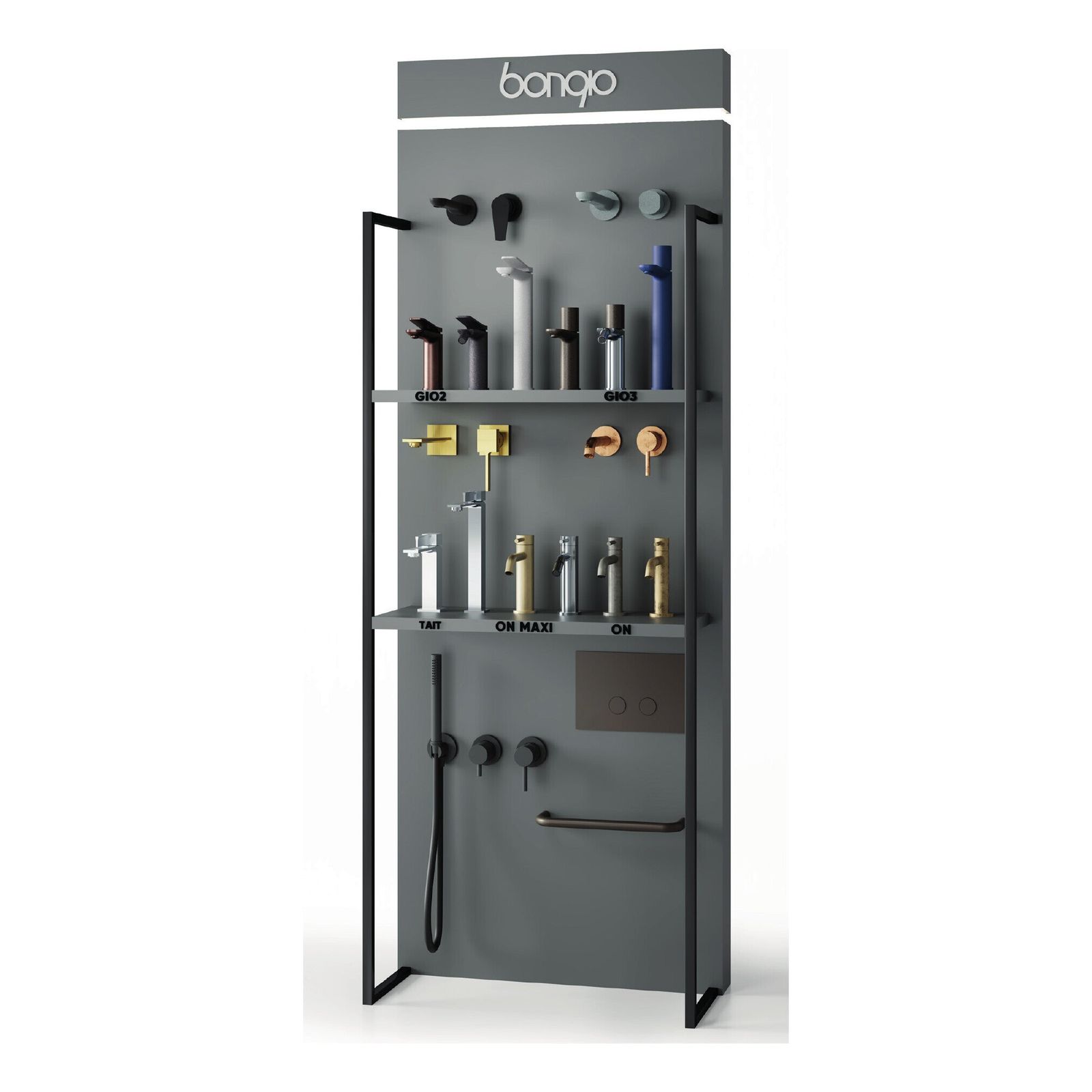 Bongio showroom-displayzuil met kranen in vele afwerkingen: chroom, koper, mat zwart, blauw en goud, met de gebrande naam 'bongio'.