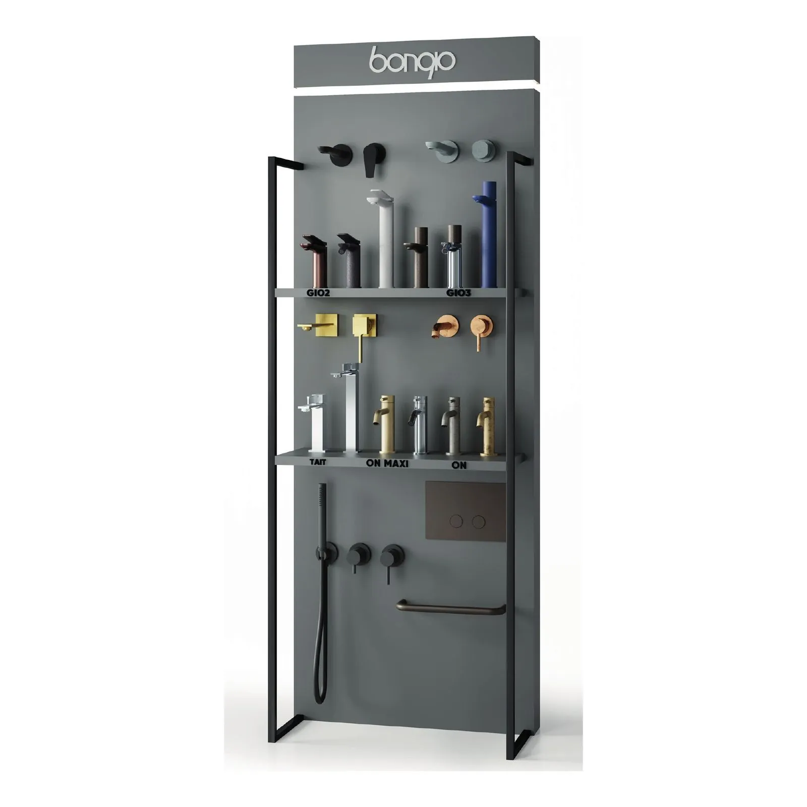 Bongio showroom-displayzuil met kranen in vele afwerkingen: chroom, koper, mat zwart, blauw en goud, met de gebrande naam 'bongio'.