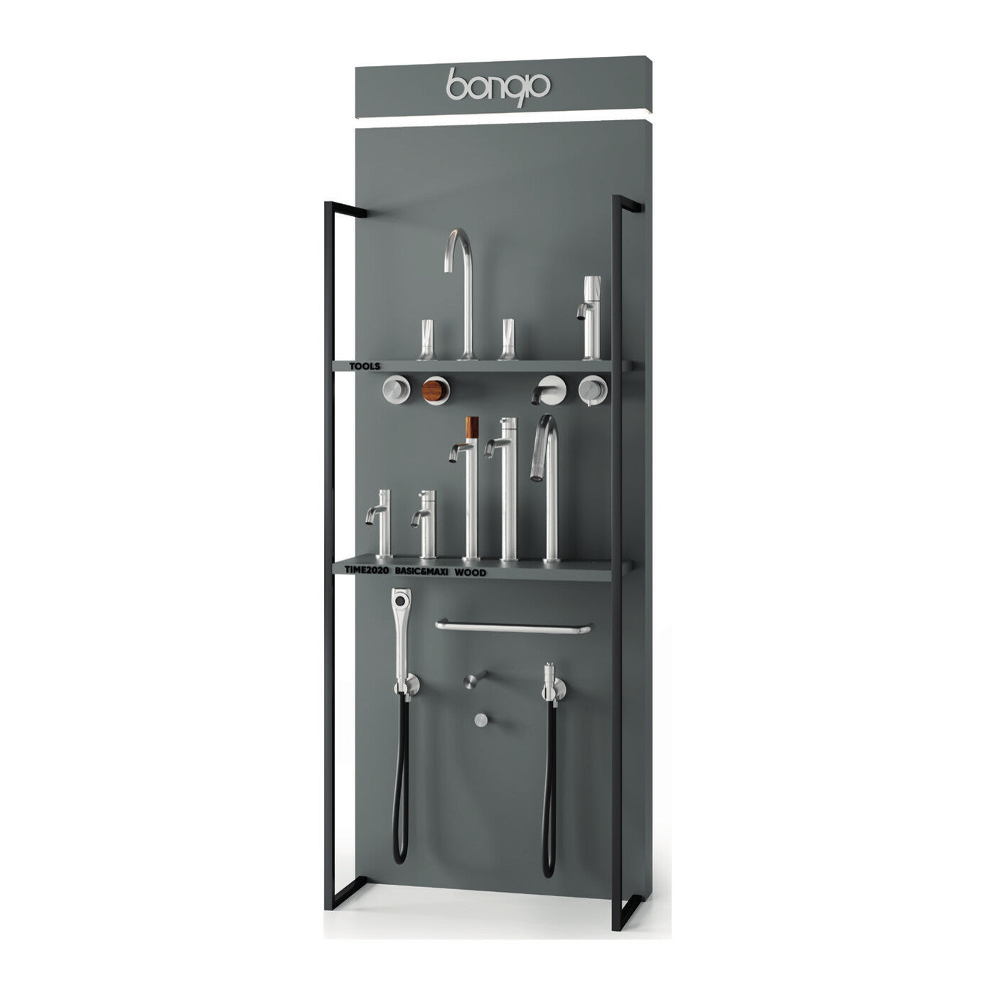Bongio showroom-displayzuil met chromen Tools- en Time2020-kranen.