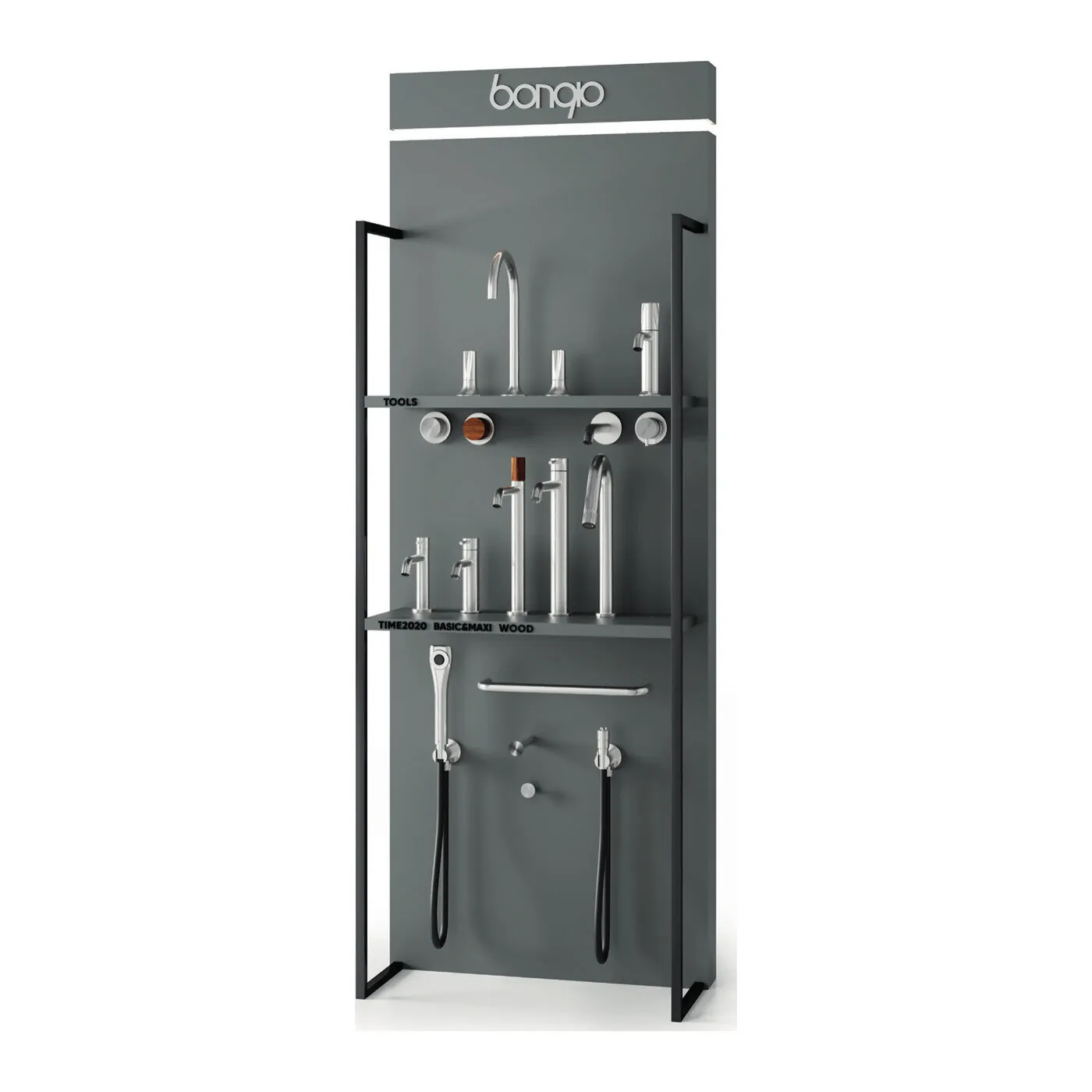 Bongio showroom-displayzuil met chromen Tools- en Time2020-kranen.