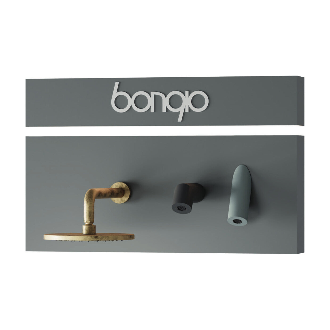 Bongio gebrand wandpaneel met messing regendouchekop en afwerkingsdetails op een grijze achtergrond.