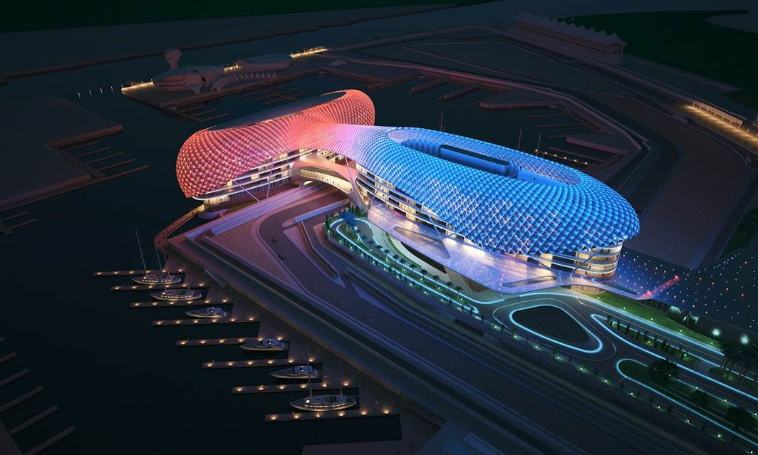 Yas Hotel Abu Dhabi: de verlichte LED-gevel boven het Formule 1-circuit bij nacht